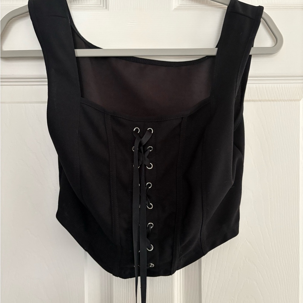 SHEIN Black Crop Lace Up Front Bodysuit
